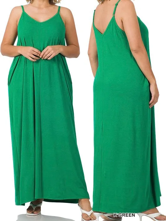 Plus V-Neck Spaghetti-Strap Pocket Maxi Dress
