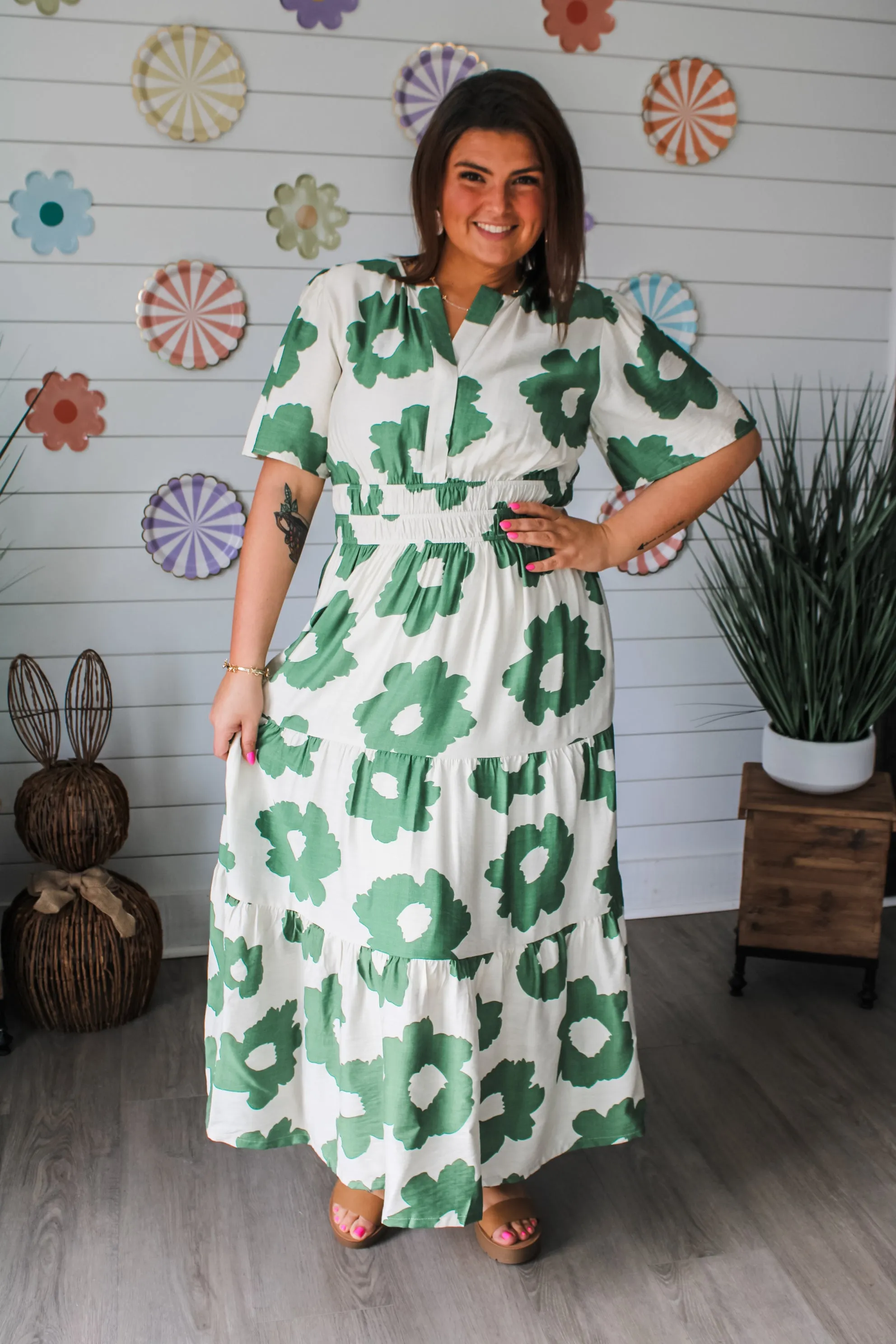 Poppy Floral Pocket Dress • Ivory/Green - PLUS