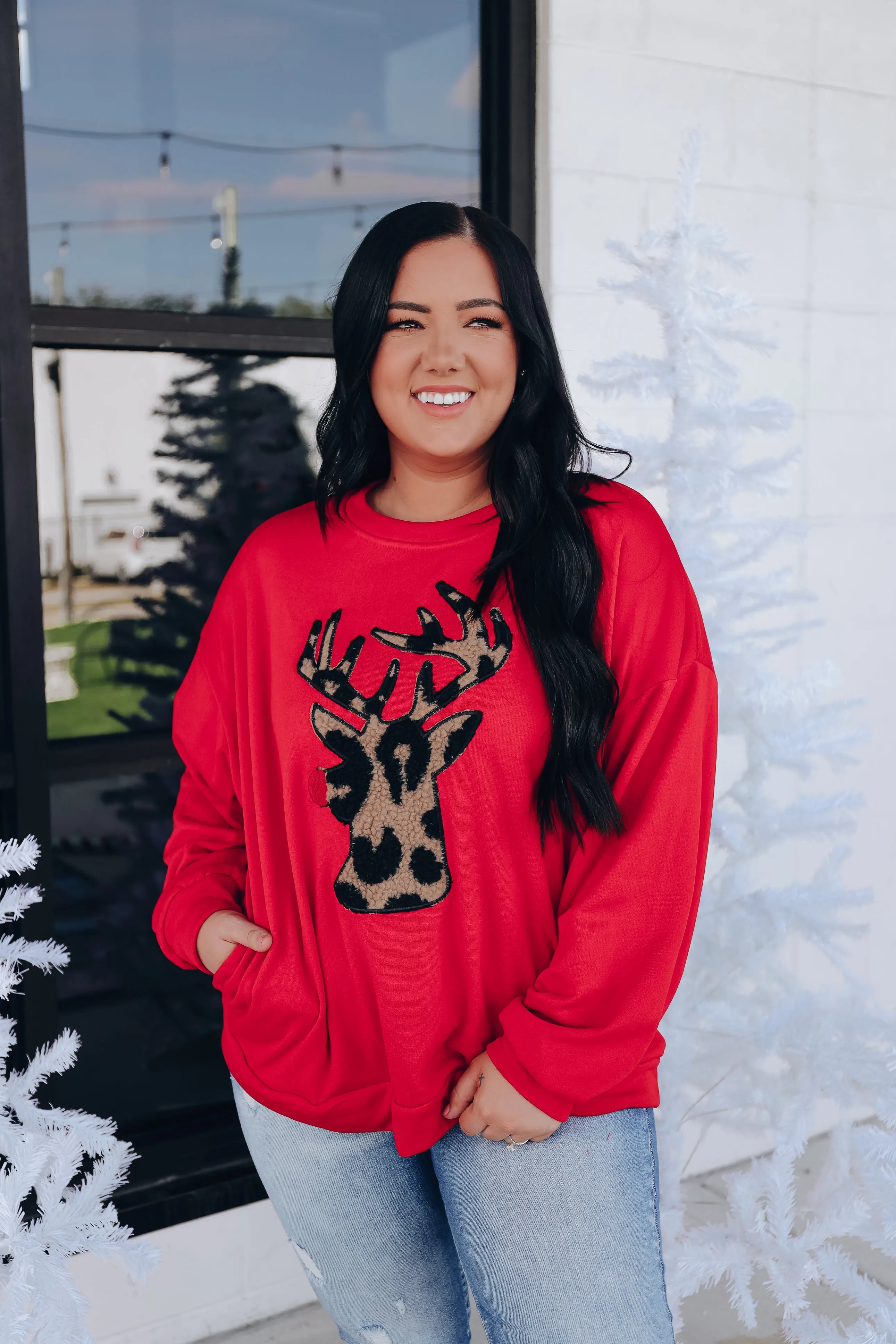 Ralphie Reindeer Oversized Fleece Pull Over - Red