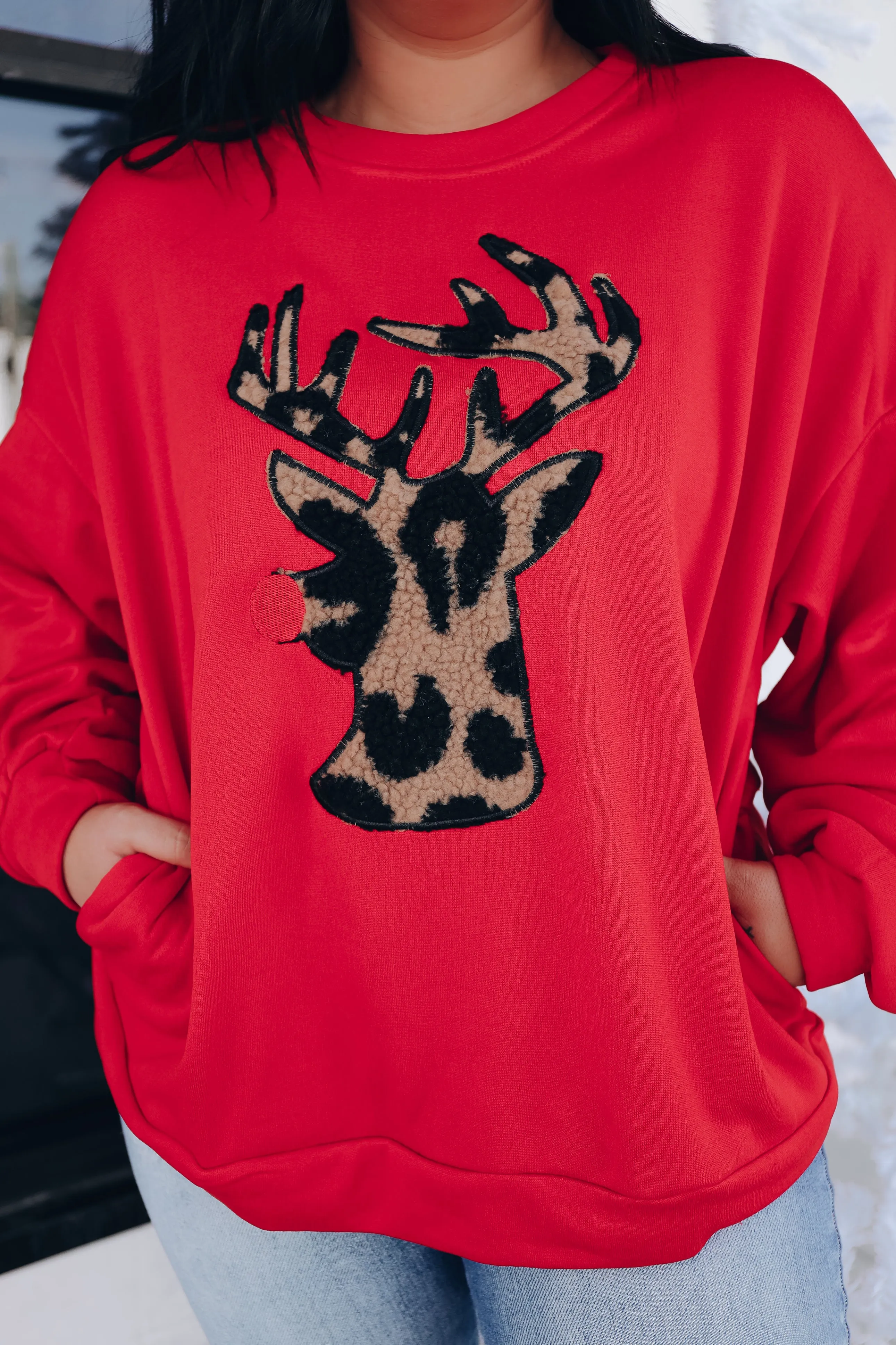 Ralphie Reindeer Oversized Fleece Pull Over - Red