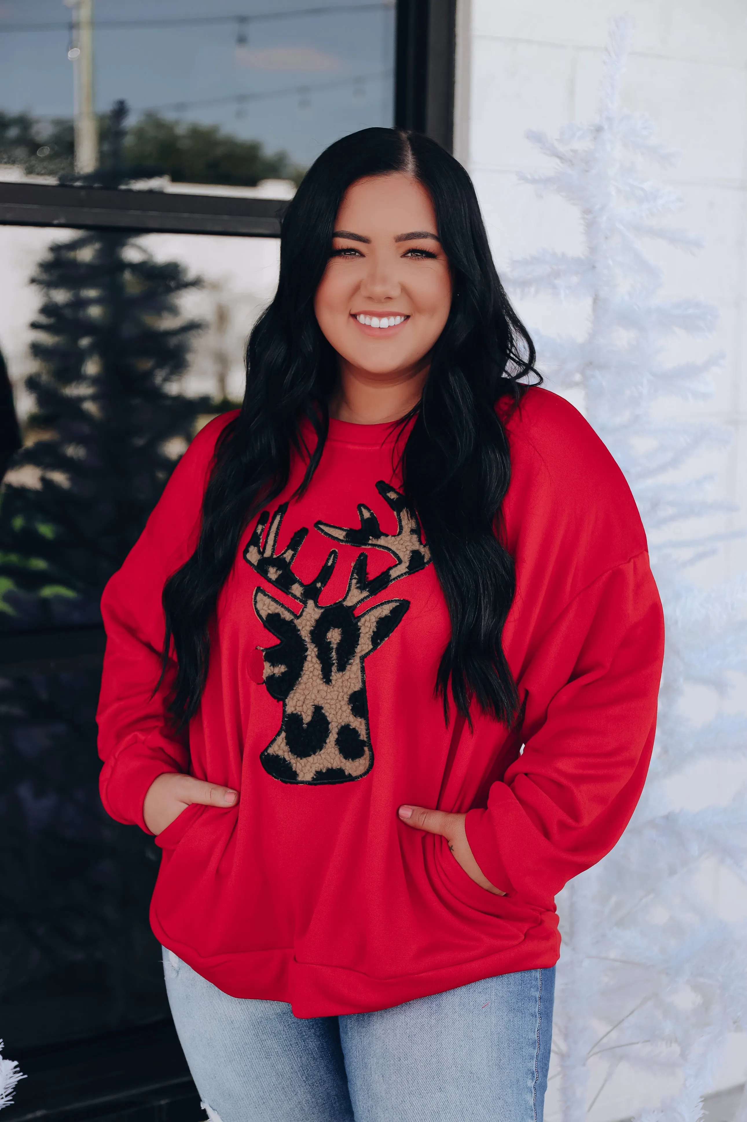 Ralphie Reindeer Oversized Fleece Pull Over - Red