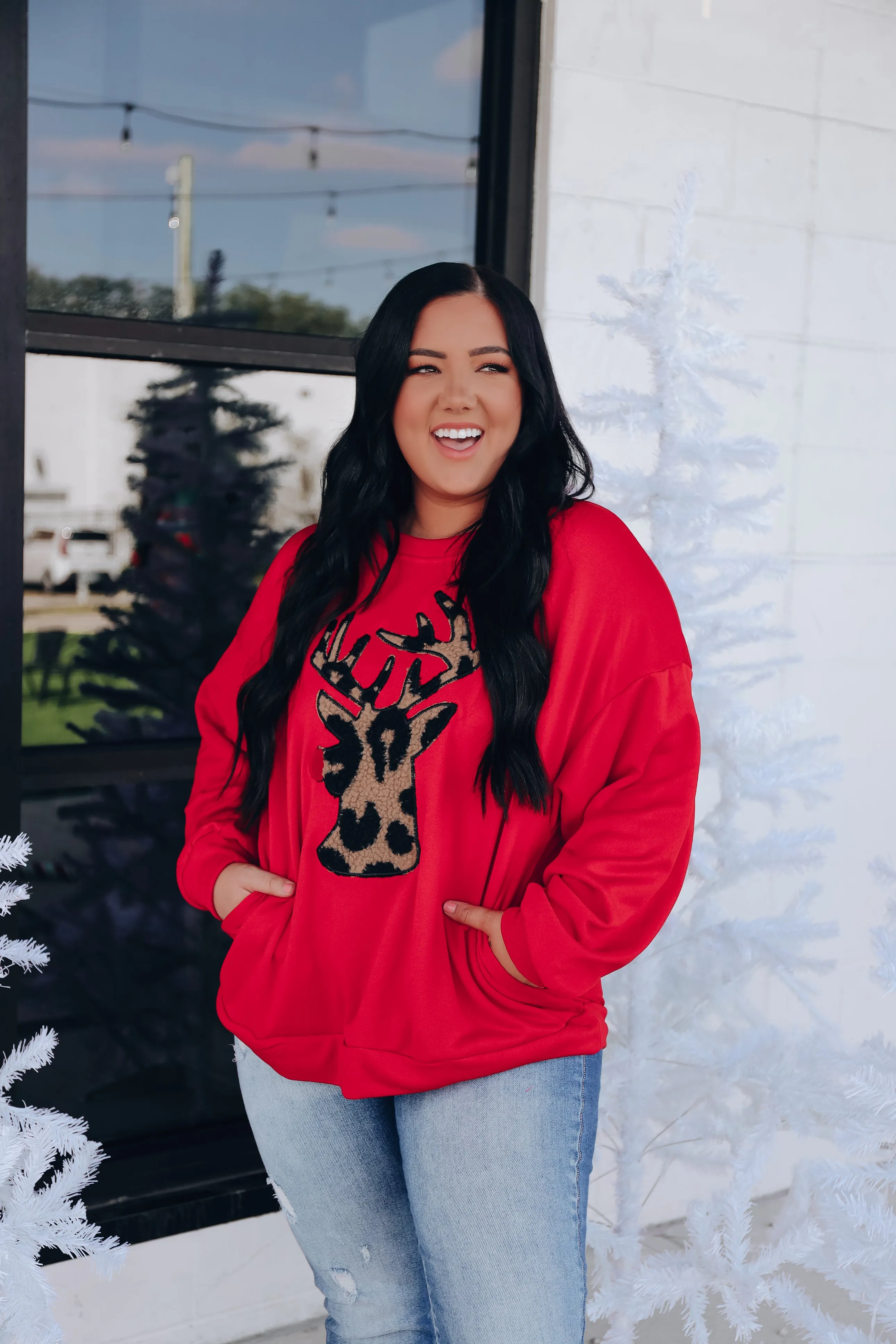 Ralphie Reindeer Oversized Fleece Pull Over - Red