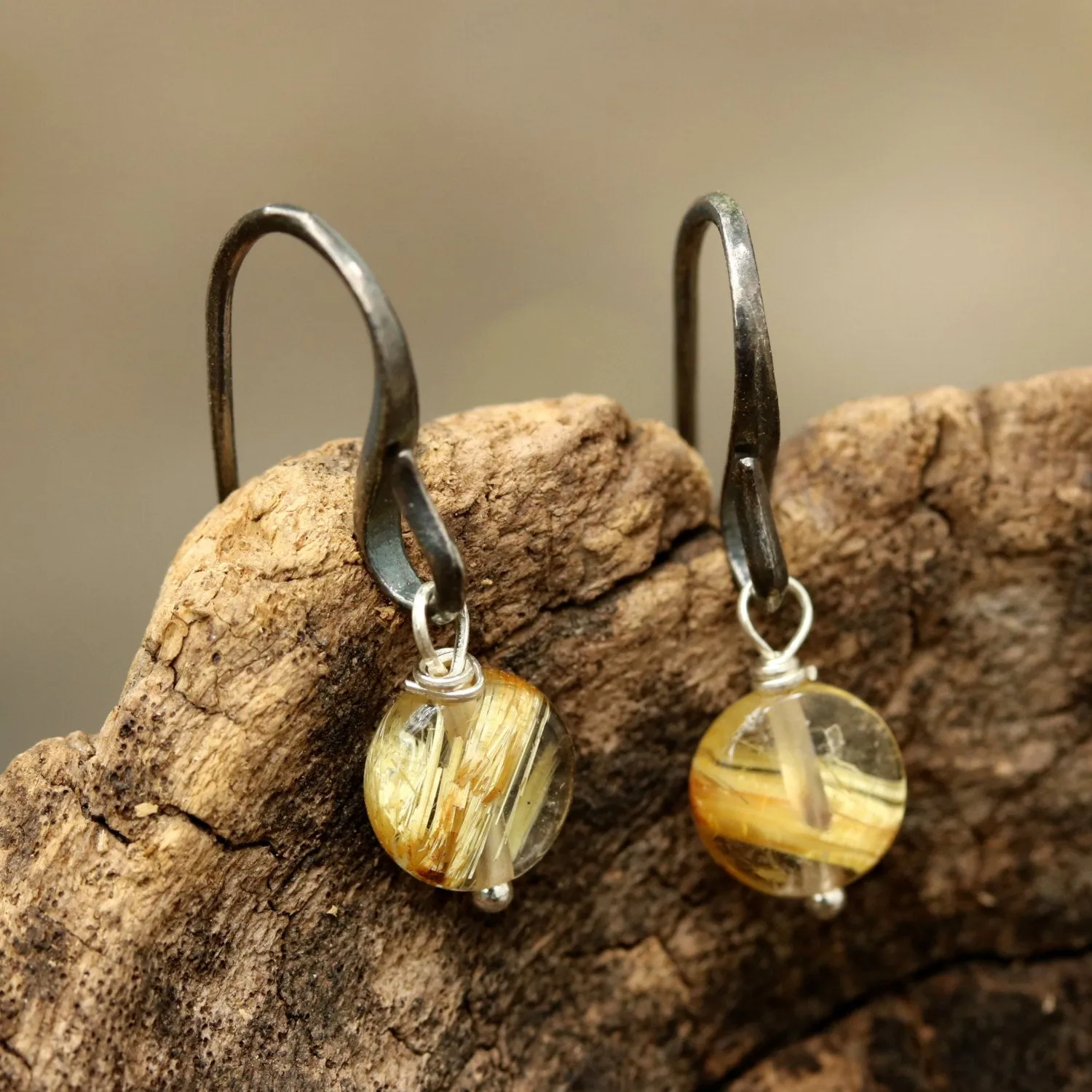 Round rutilated quartz earrings with oxidized sterling silver hooks