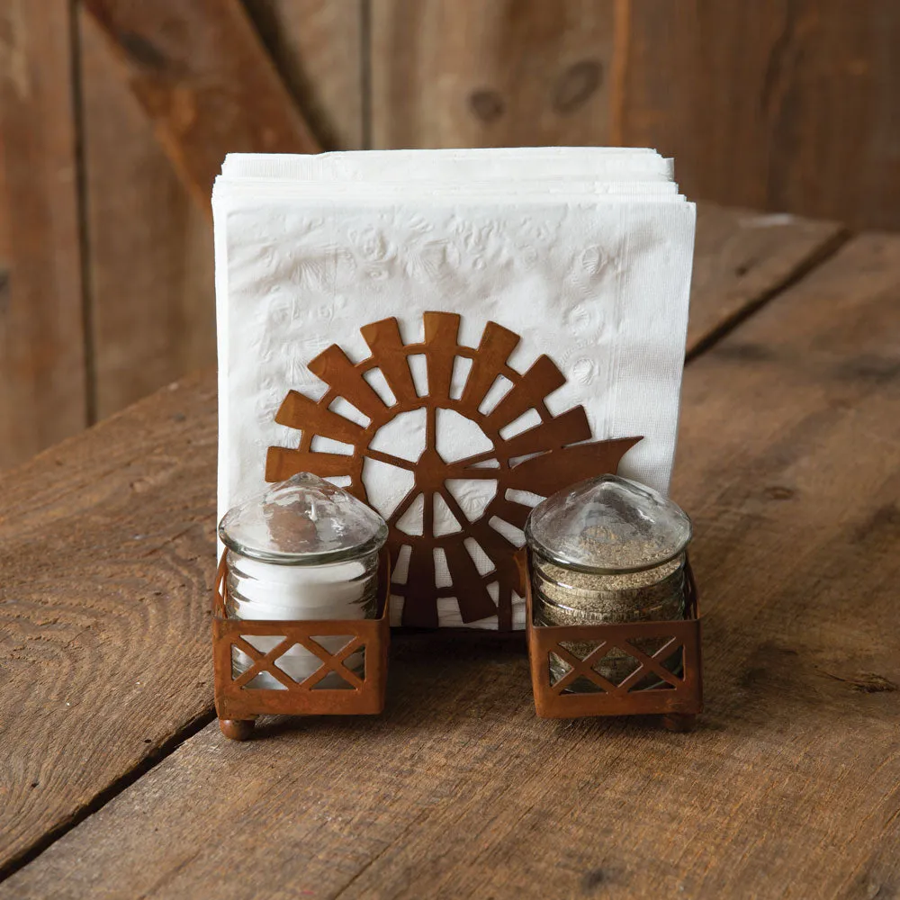 Rustic Windmill & Silo Salt, Pepper, and Napkin Holder Set