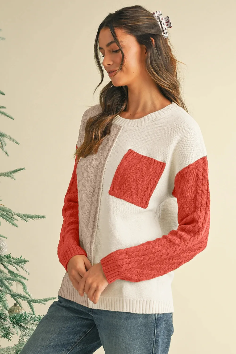 Serenity  Colorblock Patched Pocket Drop Shoulder Sweater