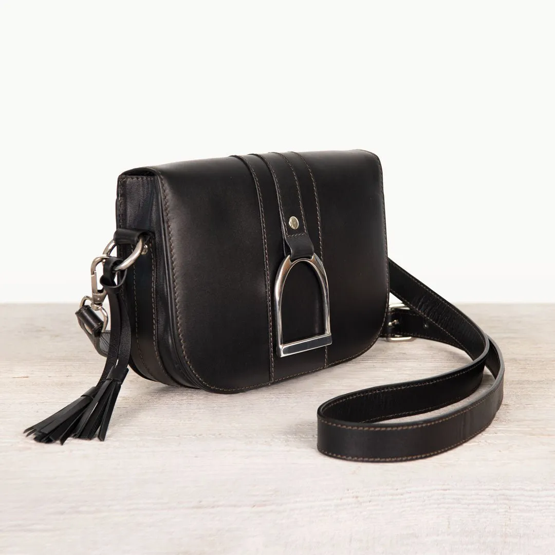 Signature Stirrup - English Stirrup Crossbody Bag in Black Italian Leather with Nickel Hardware Equestrian Handbag