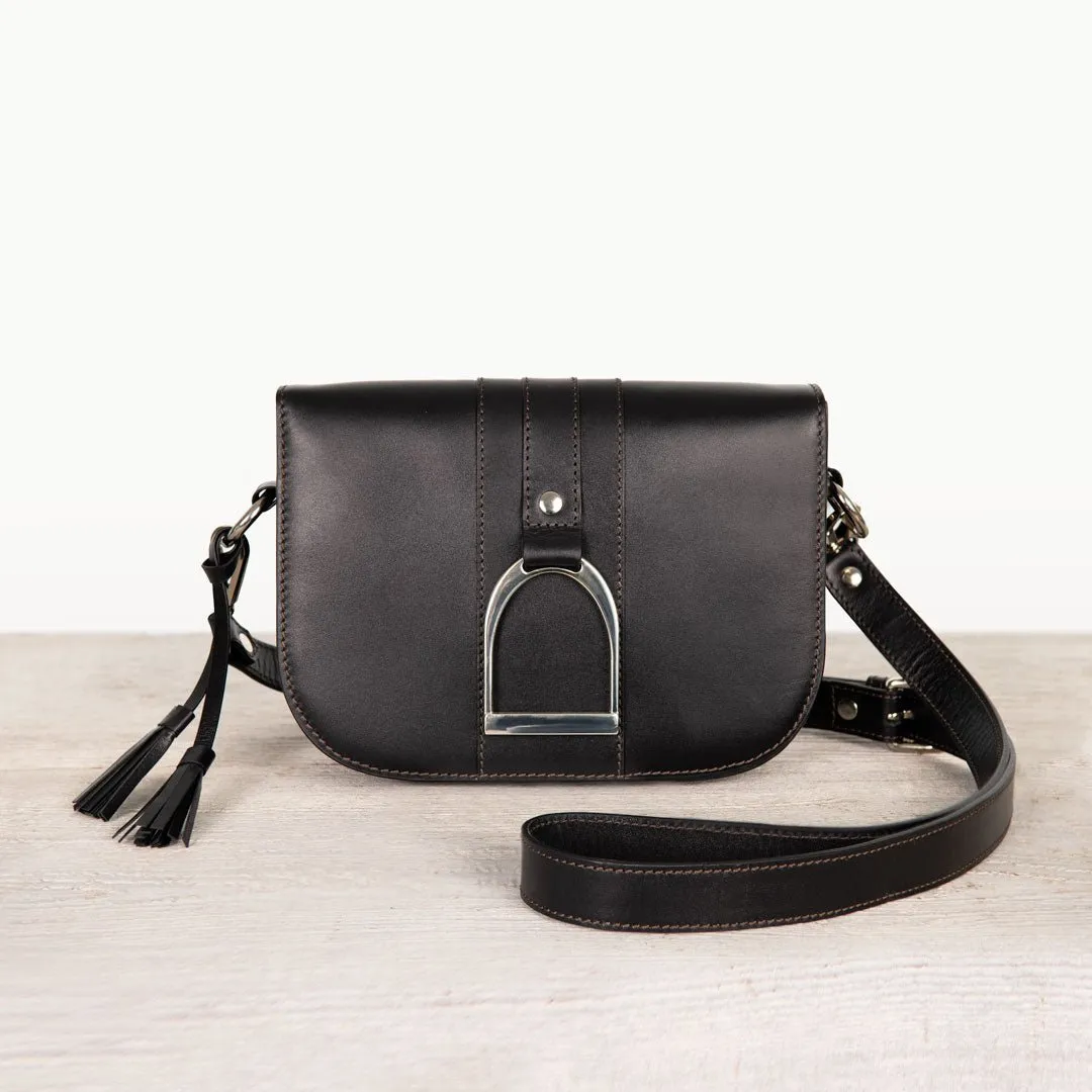 Signature Stirrup - English Stirrup Crossbody Bag in Black Italian Leather with Nickel Hardware Equestrian Handbag