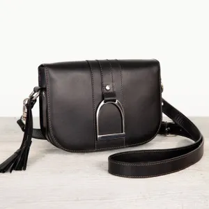 Signature Stirrup - English Stirrup Crossbody Bag in Black Italian Leather with Nickel Hardware Equestrian Handbag