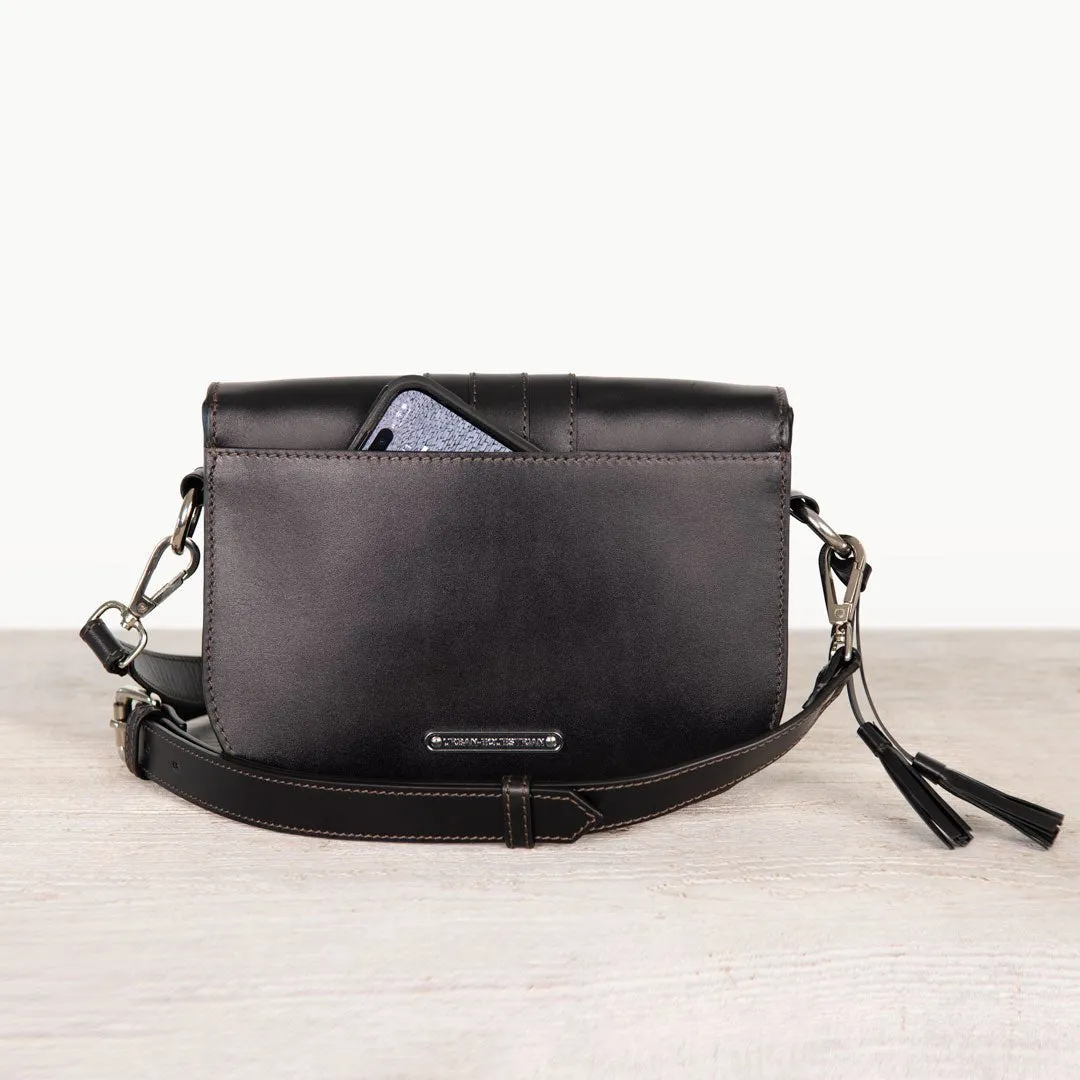Signature Stirrup - English Stirrup Crossbody Bag in Black Italian Leather with Nickel Hardware Equestrian Handbag