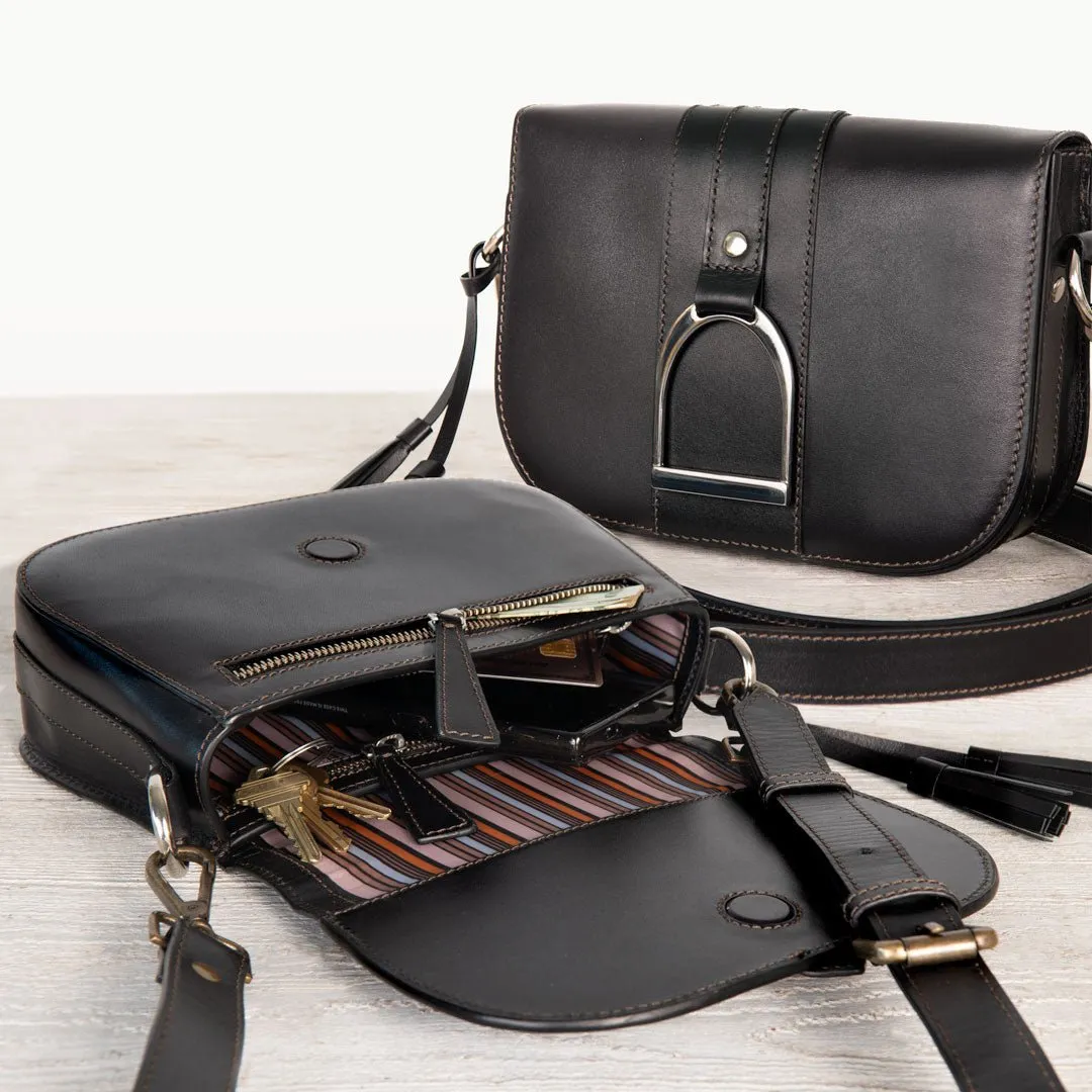 Signature Stirrup - English Stirrup Crossbody Bag in Black Italian Leather with Nickel Hardware Equestrian Handbag