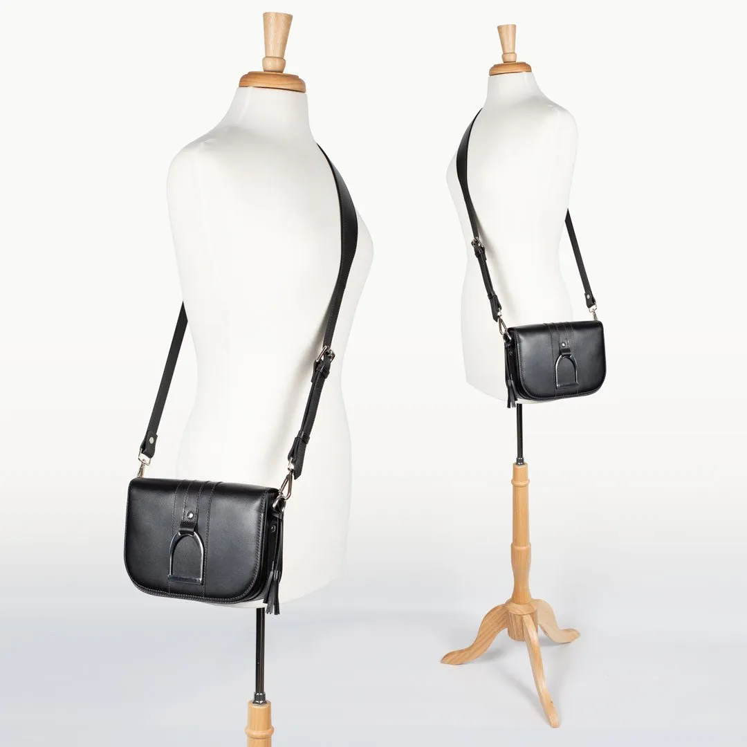 Signature Stirrup - English Stirrup Crossbody Bag in Black Italian Leather with Nickel Hardware Equestrian Handbag