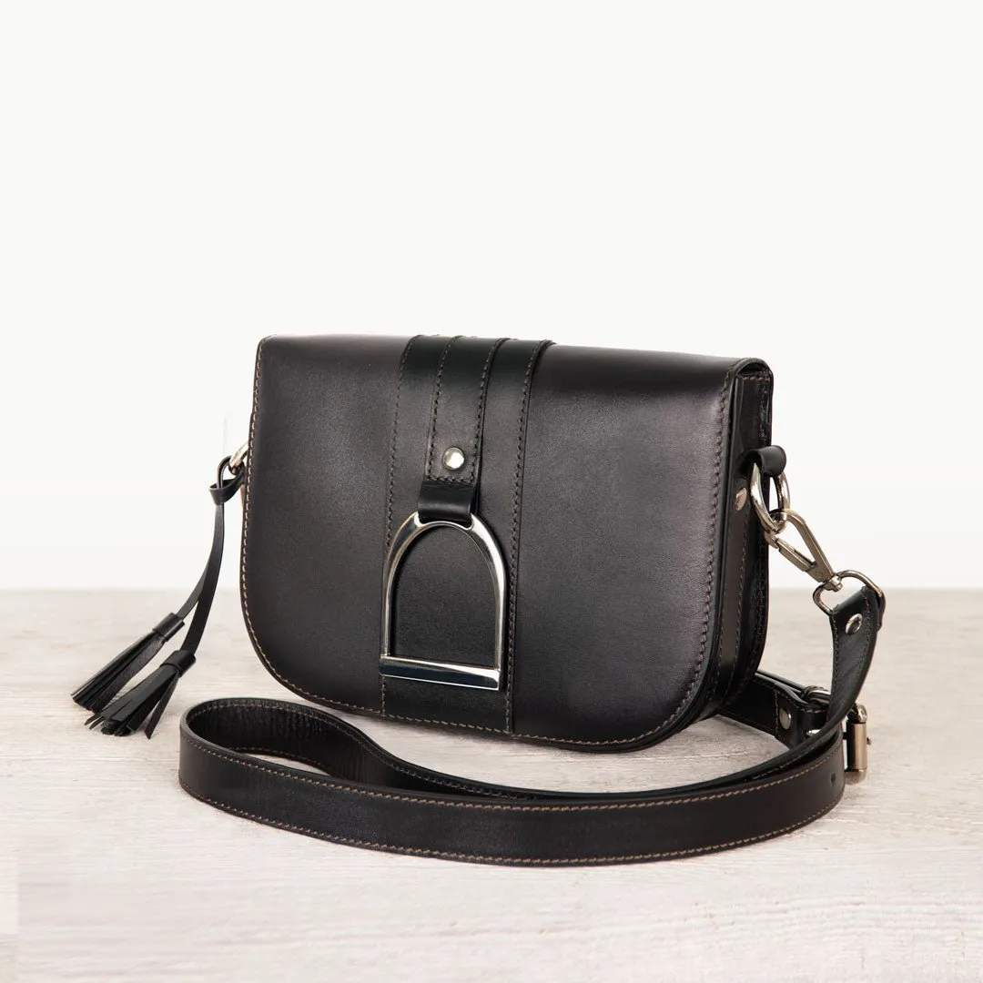 Signature Stirrup - English Stirrup Crossbody Bag in Black Italian Leather with Nickel Hardware Equestrian Handbag