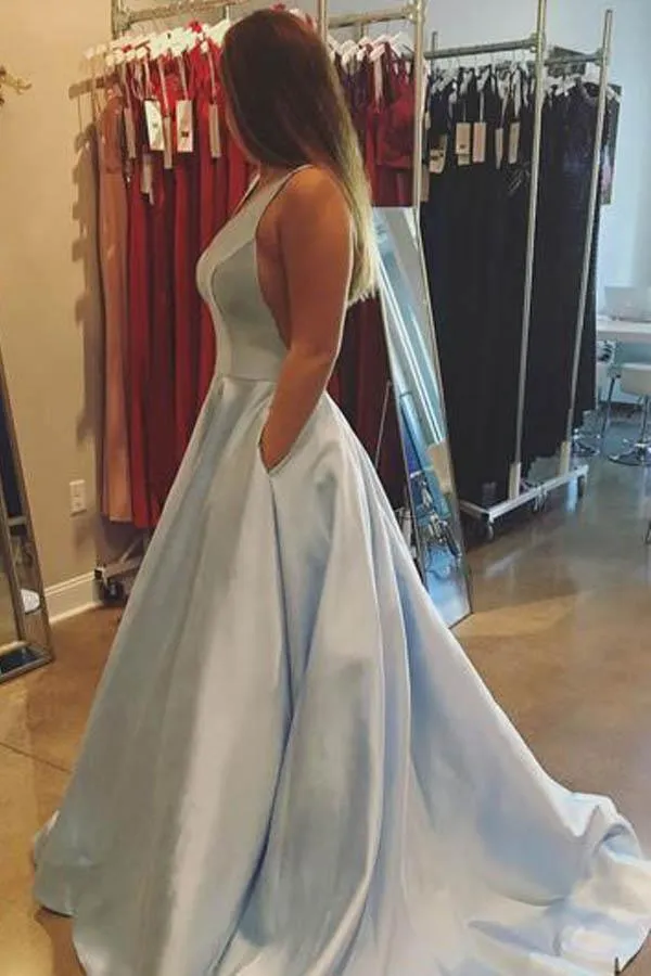 simple A-line V-neck Satin  Cheap Prom Dresses with Pocket  PG491