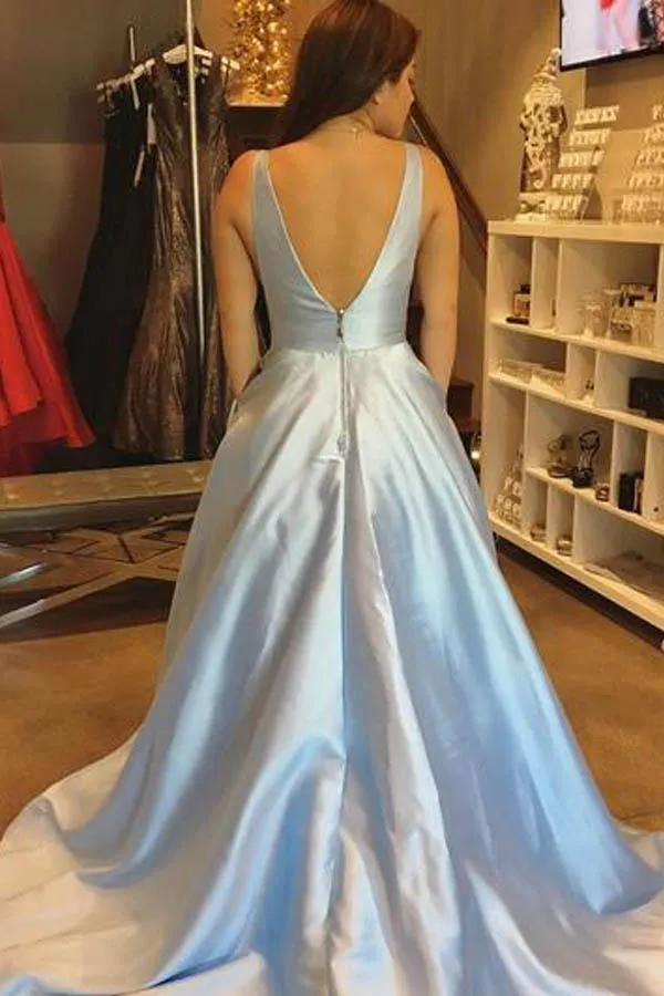 simple A-line V-neck Satin  Cheap Prom Dresses with Pocket  PG491