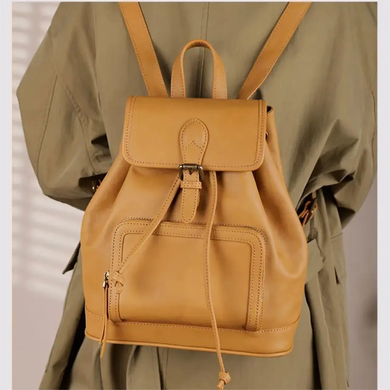 Small Leather Backpacks For Ladies Drawstring Leather Small Backpack Women's