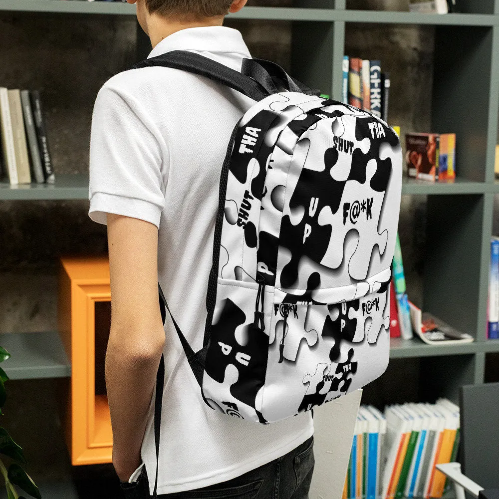 STFU Puzzle Piece Pattern Backpack - White