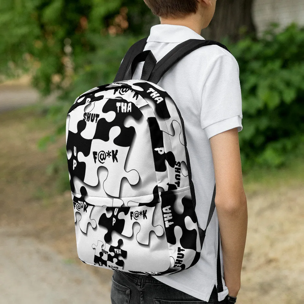STFU Puzzle Piece Pattern Backpack - White