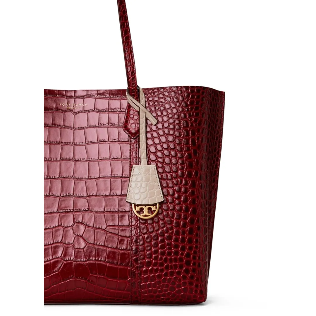 Tory Burch Perry Croc Embossed Three Compartment Tote Bag Red Leather Handbag New