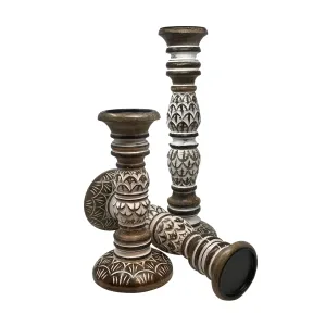 Traditional Engraved Artichoke Wooden Candle Holders (Set of 3)