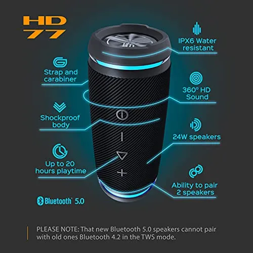 TREBLAB HD77 - Ultra Premium Bluetooth Speaker - Loud 360° HD Surround Sound, Wireless Dual Pairing, 25W Stereo, Loud Bass, 20H Battery, IPX6 Waterproof, Sports Outdoor, Portable Blue Tooth
