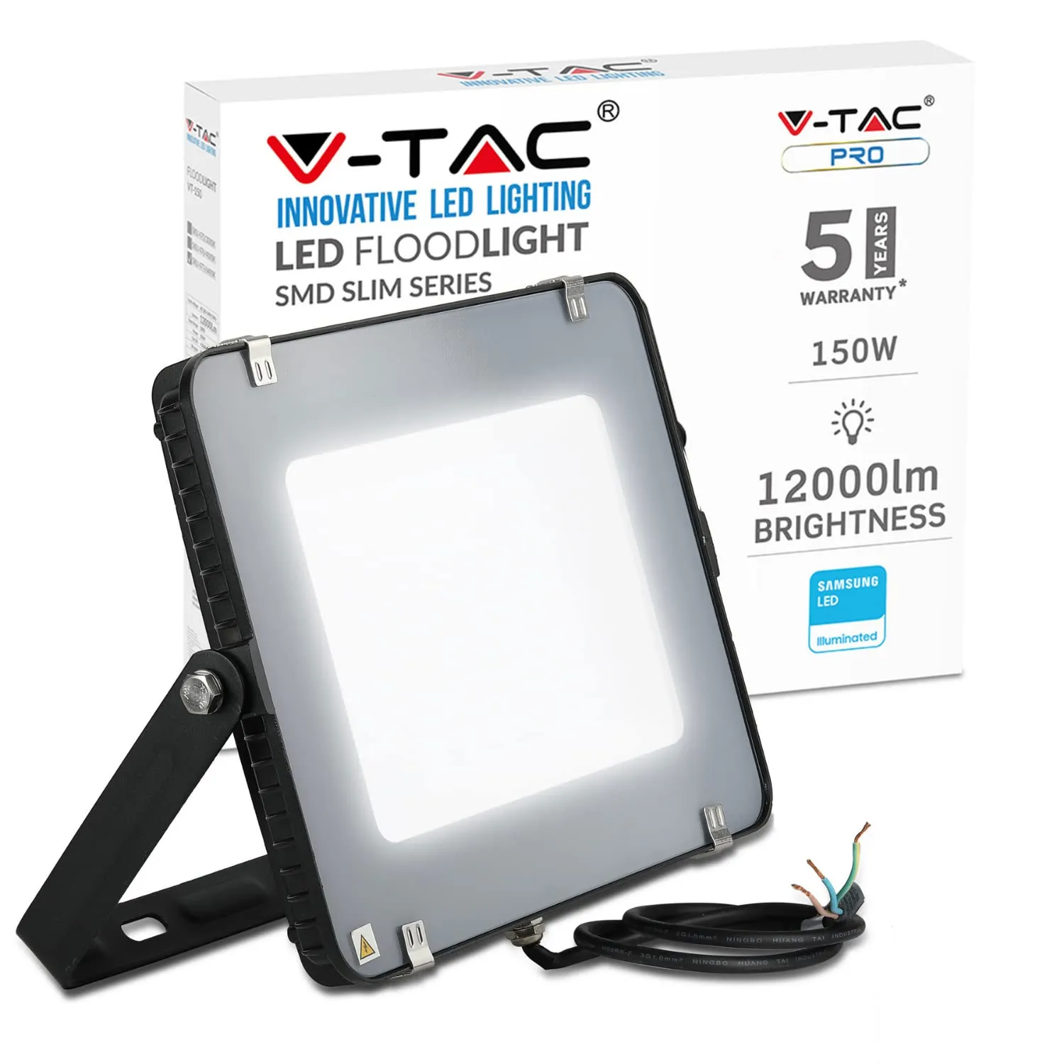 V-TAC 150W Waterproof Outdoor Security Led Floodlight With Samsung Led 1-Metre Wire Black Body Grey Glass Ip65 6400K Warm White 12000 Lumens [Energy Class A ]