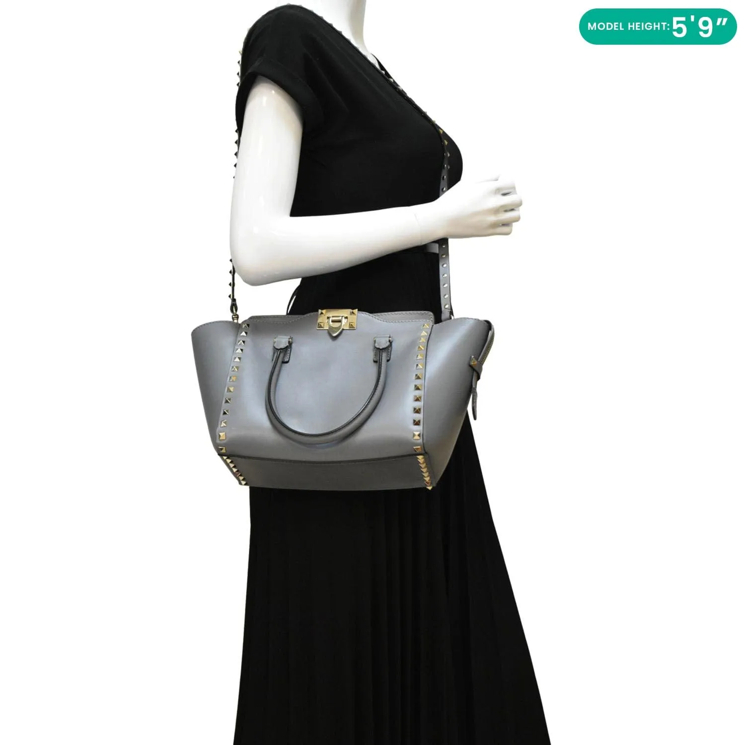 VALENTINO GARAVANI Rockstud Medium Leather Top Handle Shoulder Bag Dark Grey