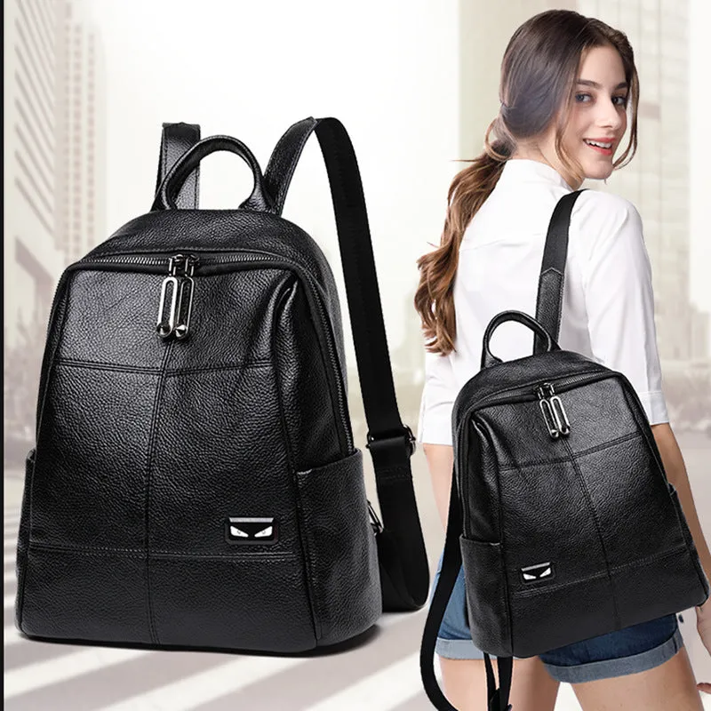Women's Korean Style Preppy Large Capacity Cowhide Backpacks