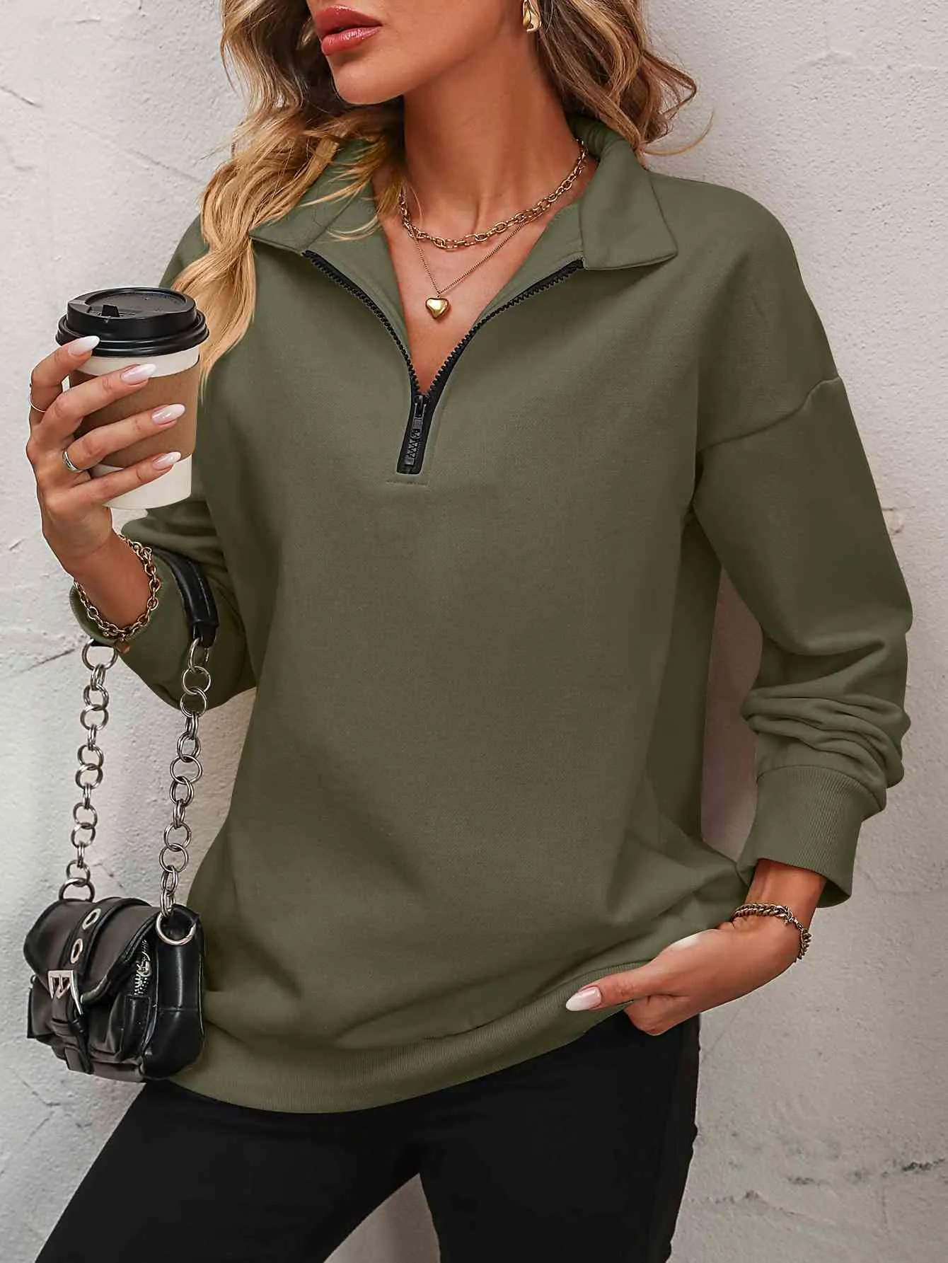 Zip-Up Dropped Shoulder Sweatshirt- 7 Colors (Hot Pink, Black, Wine, Camel, Army Green, Apricot, Grey)