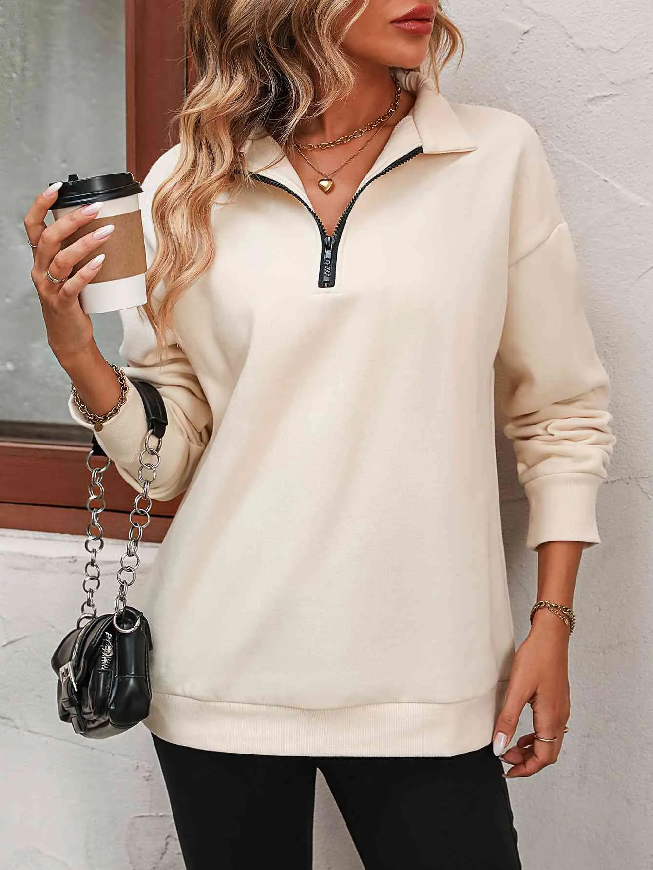 Zip-Up Dropped Shoulder Sweatshirt- 7 Colors (Hot Pink, Black, Wine, Camel, Army Green, Apricot, Grey)