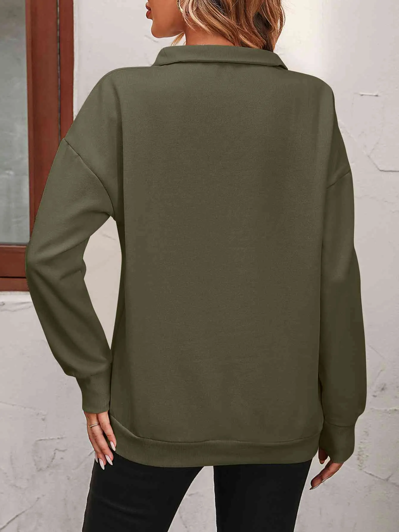 Zip-Up Dropped Shoulder Sweatshirt- 7 Colors (Hot Pink, Black, Wine, Camel, Army Green, Apricot, Grey)