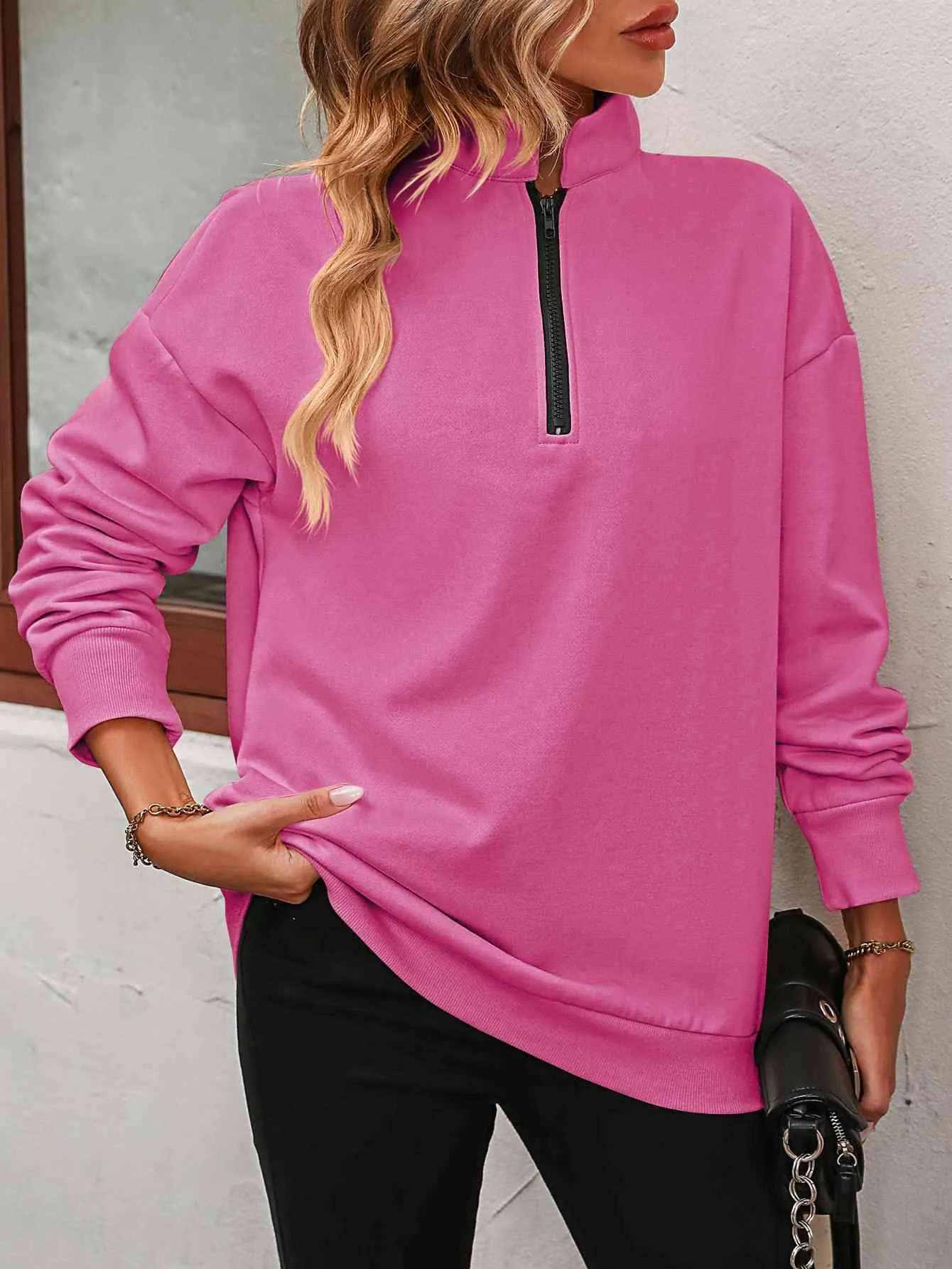 Zip-Up Dropped Shoulder Sweatshirt- 7 Colors (Hot Pink, Black, Wine, Camel, Army Green, Apricot, Grey)