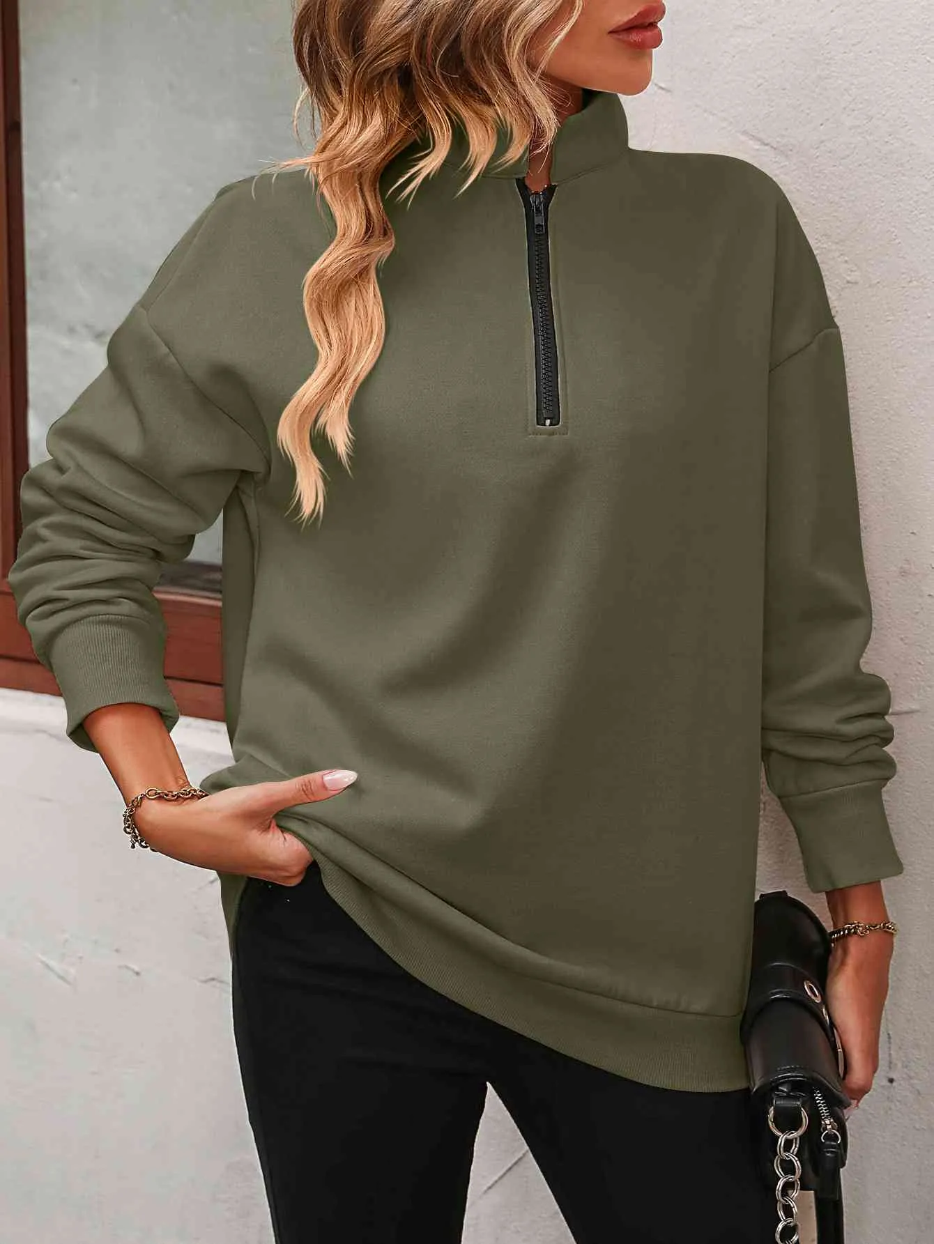 Zip-Up Dropped Shoulder Sweatshirt- 7 Colors (Hot Pink, Black, Wine, Camel, Army Green, Apricot, Grey)