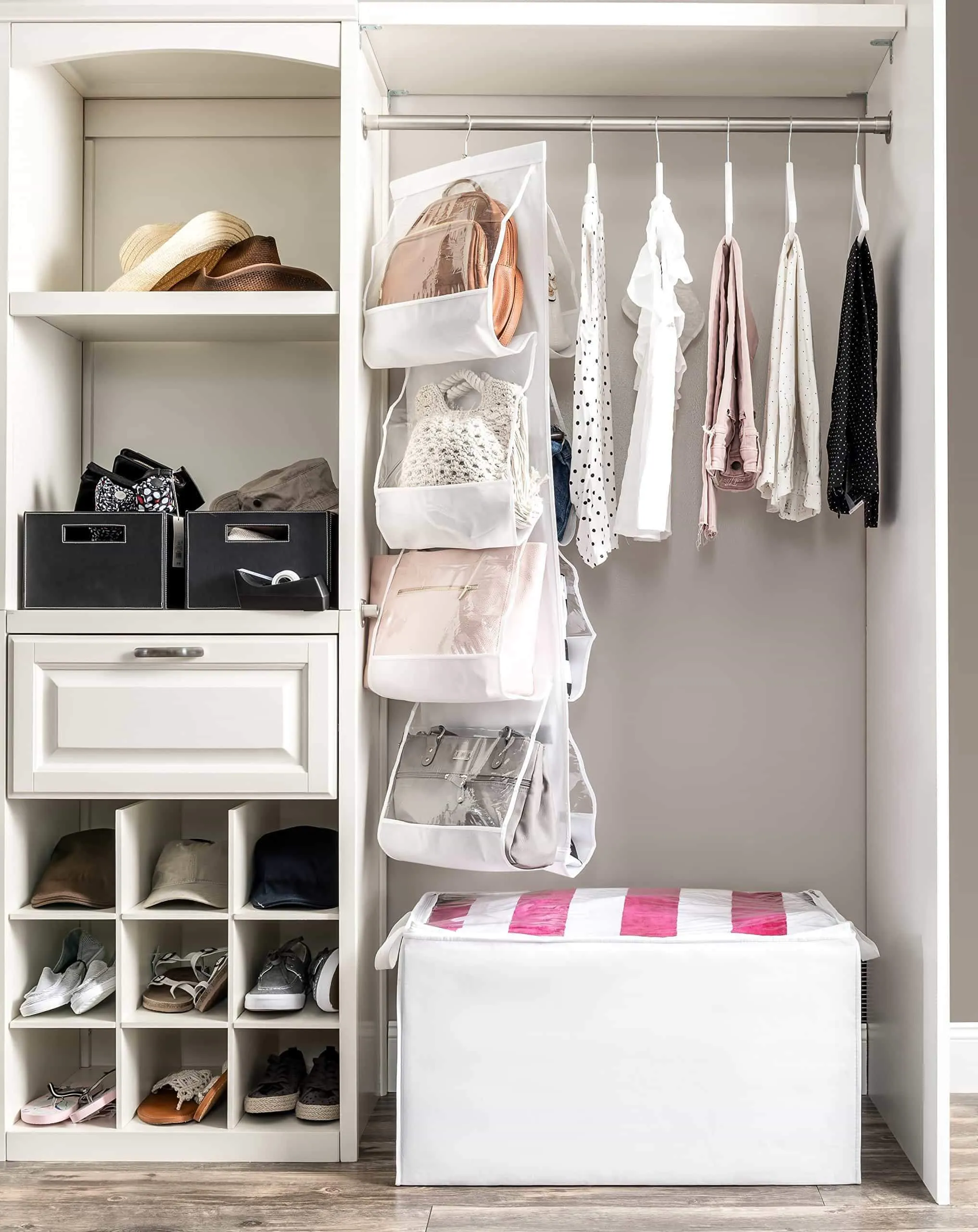 ZOBER Hanging Purse Organizer, Breathable Nonwoven Handbag Organizer, 8 Easy Access Clear Vinyl Pockets, White, 48 L x 12 W