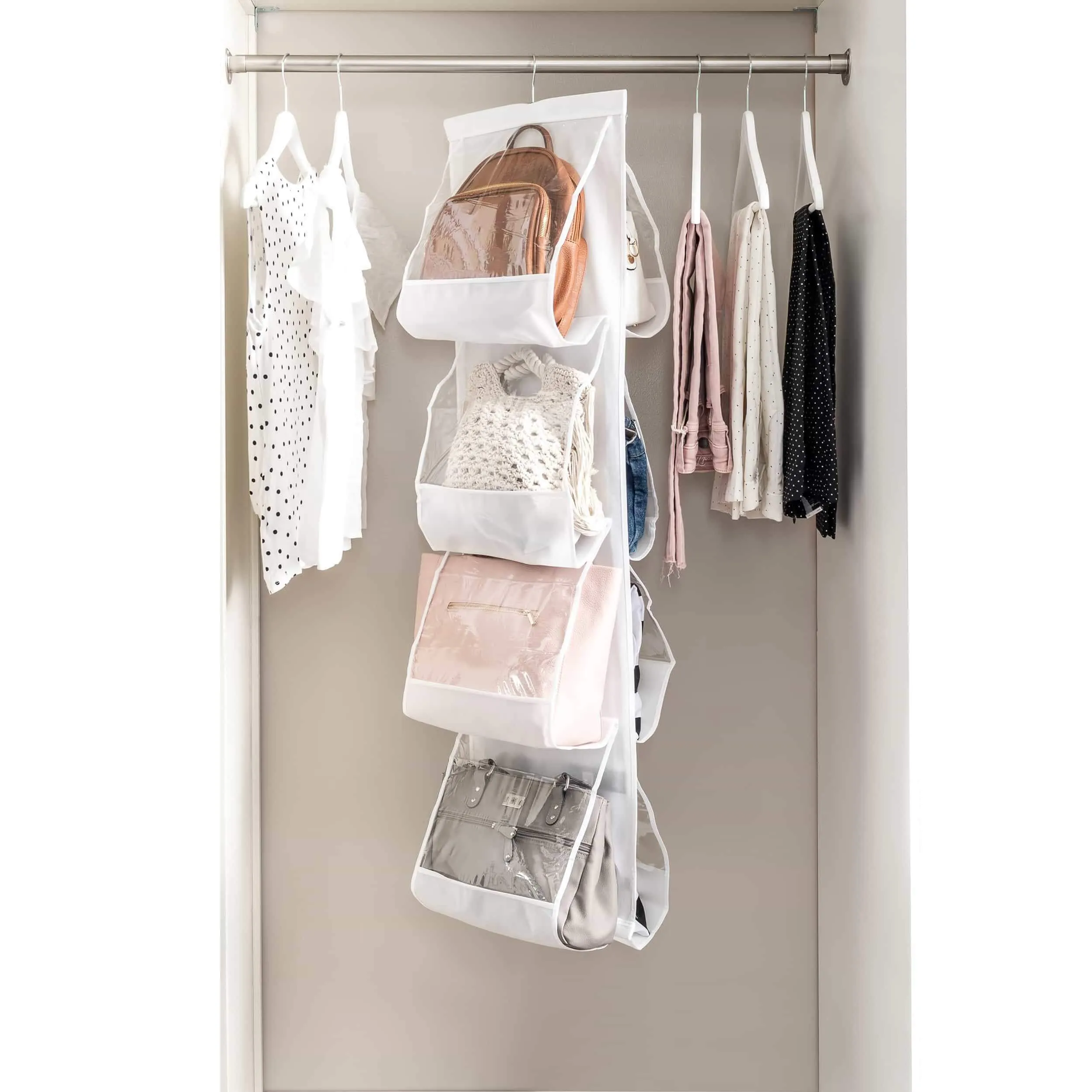 ZOBER Hanging Purse Organizer, Breathable Nonwoven Handbag Organizer, 8 Easy Access Clear Vinyl Pockets, White, 48 L x 12 W