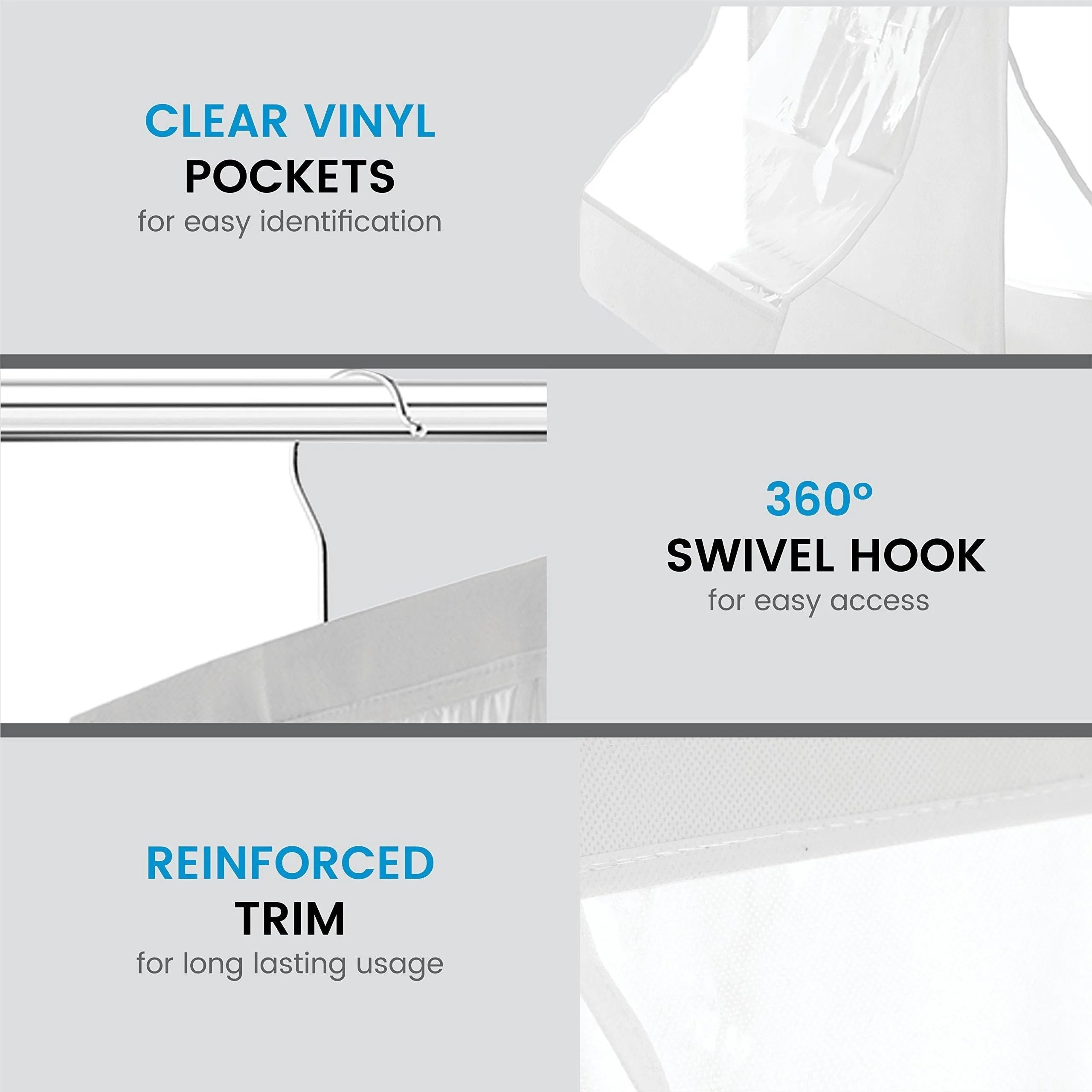 ZOBER Hanging Purse Organizer, Breathable Nonwoven Handbag Organizer, 8 Easy Access Clear Vinyl Pockets, White, 48 L x 12 W