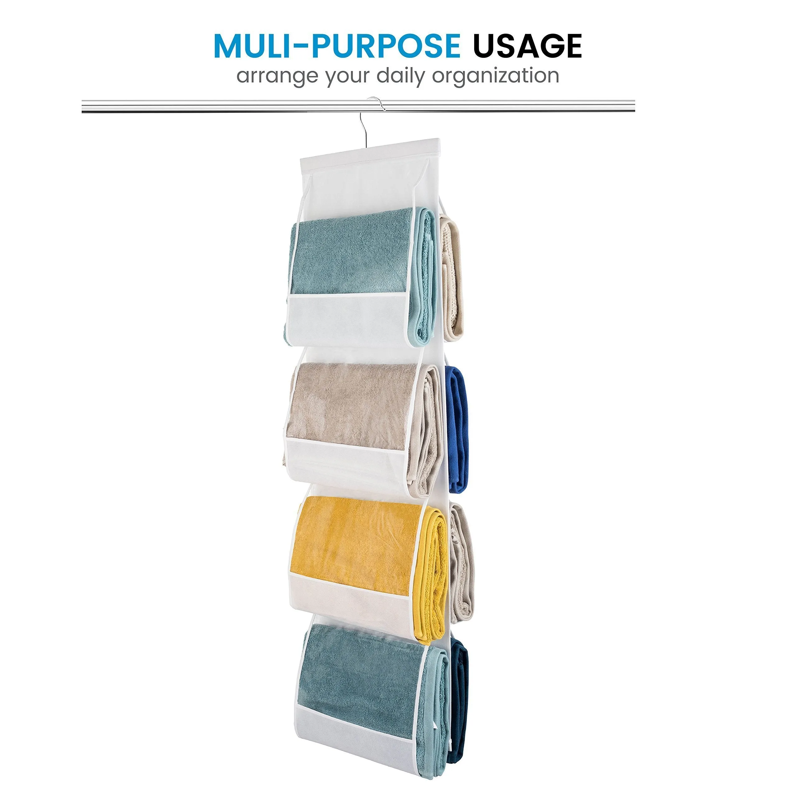 ZOBER Hanging Purse Organizer, Breathable Nonwoven Handbag Organizer, 8 Easy Access Clear Vinyl Pockets, White, 48 L x 12 W