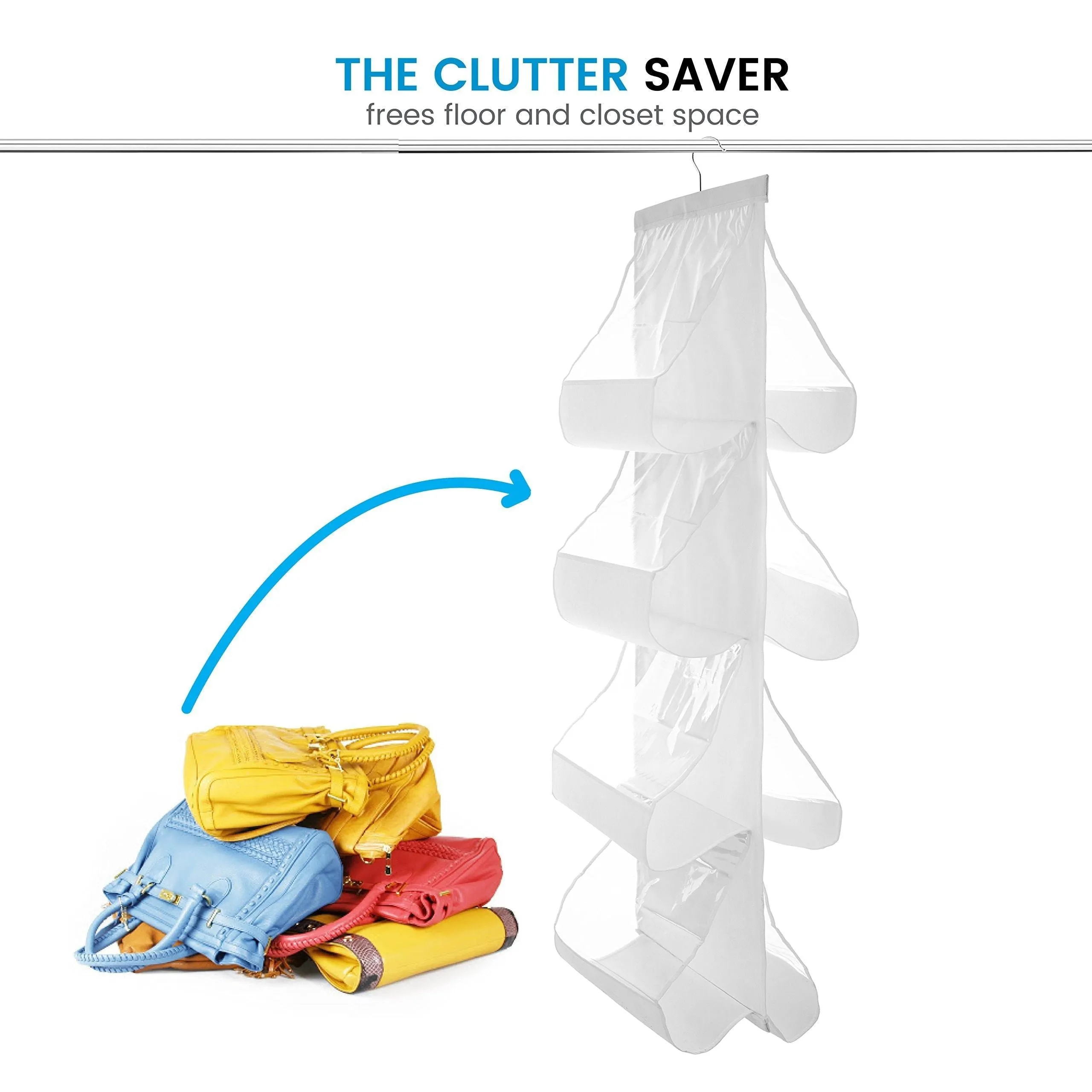 ZOBER Hanging Purse Organizer, Breathable Nonwoven Handbag Organizer, 8 Easy Access Clear Vinyl Pockets, White, 48 L x 12 W